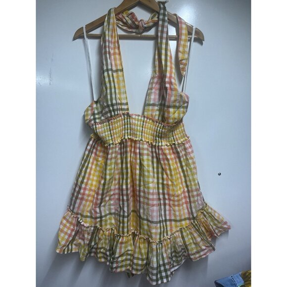 NEW Aerie Spring Fling Gingham Dress Mini Ruffle Halter Open Back Cocktail LARGE - Picture 2 of 7